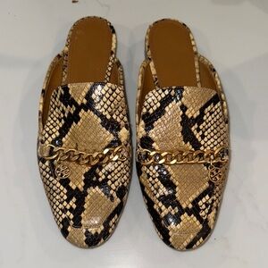 Tory Burch Black and Tan Mules with Snake Print